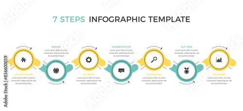 Row of seven connected circles with icons and place for text, flat business infographic template, vector eps10 illustration