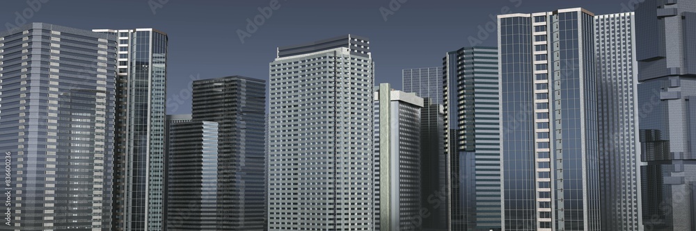 Skyscrapers, high-rise buildings from below against the background of the sky, cityscape, panorama of skyscrapers, 3D rendering Skyscrapers, high-rise buildings from below against the background of the sky, cityscape, panorama of skyscrapers, 3D rendering