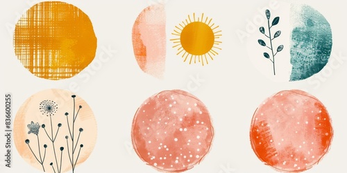 Abstract Shapes in Orange Blush, Yellow, Dusty Pink, and Light Dusty Teal with Bold Strokes, Soft Washes, and Naive Charm Feminine Sticker Art Phoenician Influence and Simple Sun and Flower Doodles photo