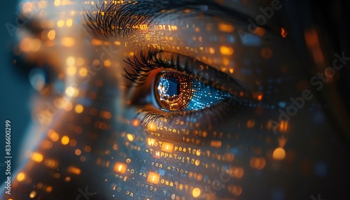 Close-up of a woman's eye with glowing lights, representing digital connection.