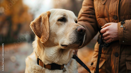 A detailed view of a guide dogâs handlerâs hand holding the harness handle, showing the bond and cooperation. photo