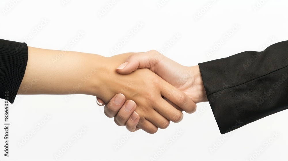 High definition close-up of two business women shaking hands in agreement. on a white background