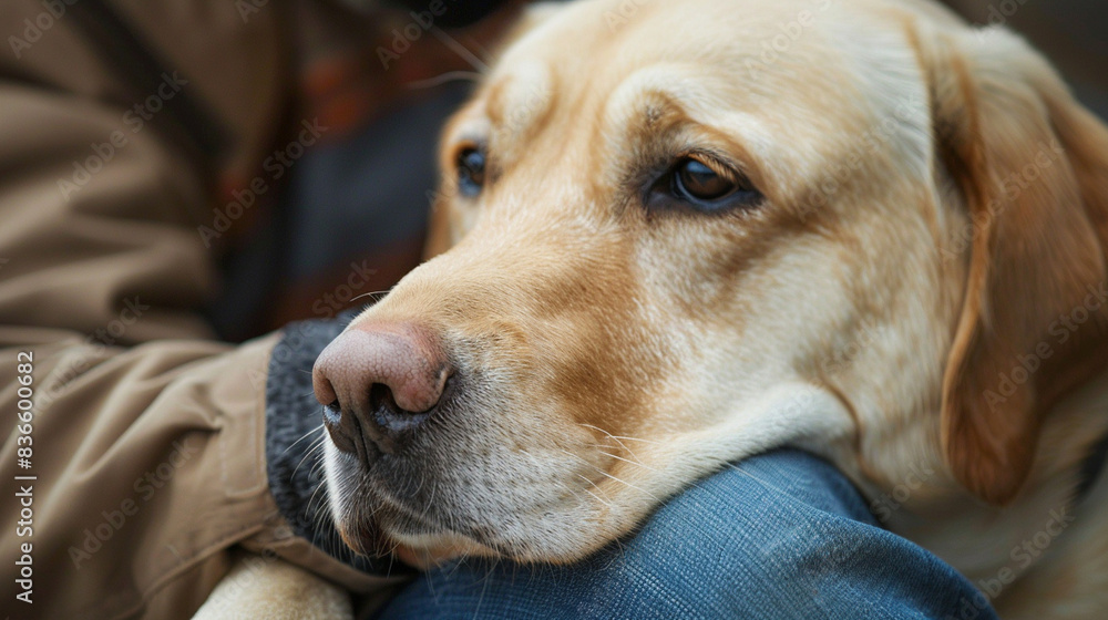 A detailed shot of a guide dogâs muzzle resting on its handlerâs lap, showing comfort and companionship. A detailed shot of a guide dogâs muzzle resting on its handlerâs lap, showing comfort and companionship.