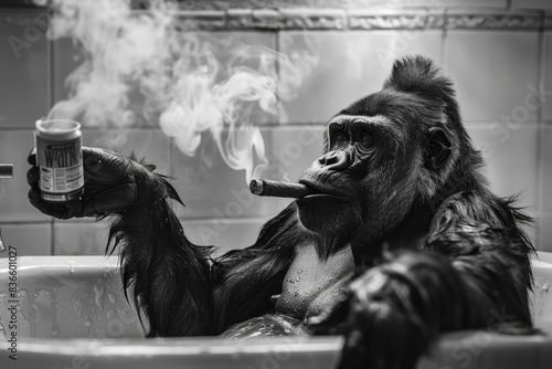 Chimpanzee in Bathtub, Black and White Wall Art