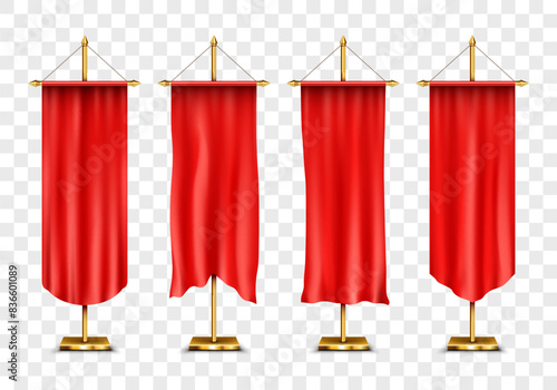 Signal red long sport advertising pennants banners. Vector realistic set