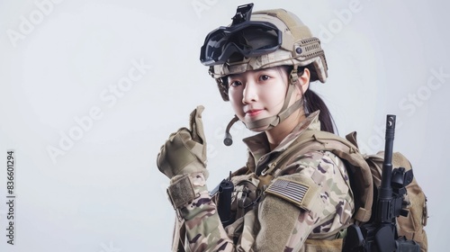 Asian female soldier Thumbs up for the great work.