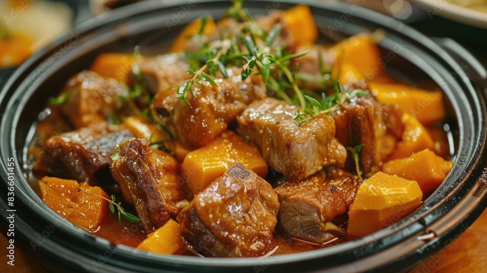 Glazed pork ribs with pumpkin, ideal for a gourmet meal Glazed pork ribs with pumpkin, ideal for a gourmet meal