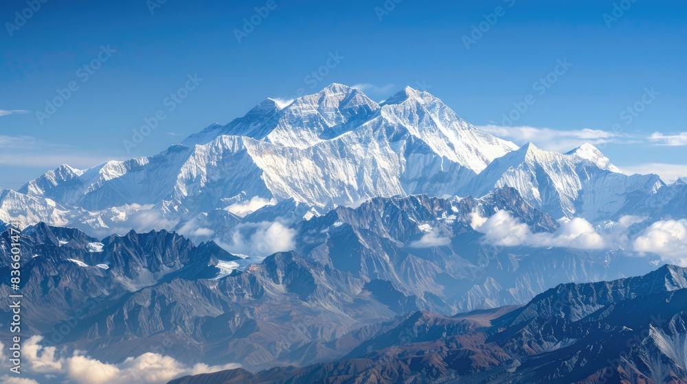 Majestic snow-capped mountain range under a blue sky with clouds