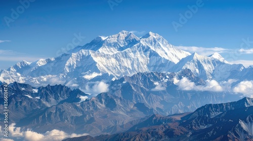 Majestic snow-capped mountain range under a blue sky with clouds