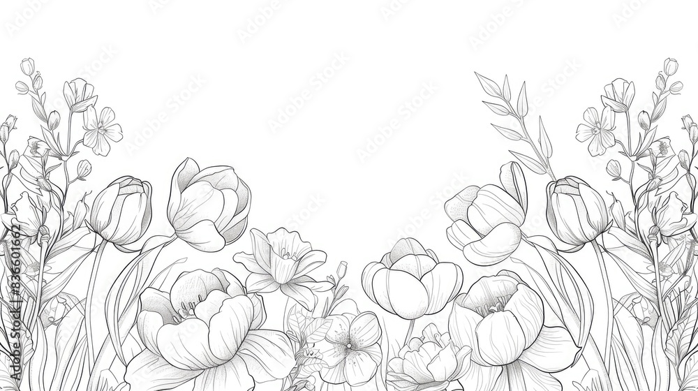 Detailed black and white illustration with a variety of flowers, perfect for coloring or pattern use, ideal for a children's coloring book page Detailed black and white illustration with a variety of flowers, perfect for coloring or pattern use, ideal for a children's coloring book page