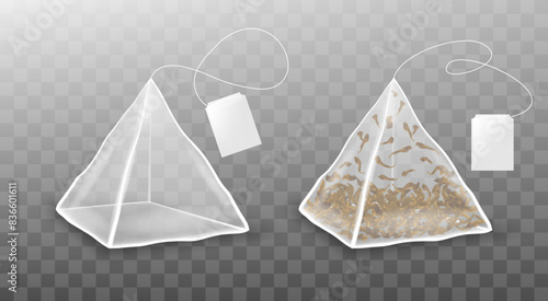 Tea bag pyramid shape isolated on transparent background. Realistic vector tea bag with label.