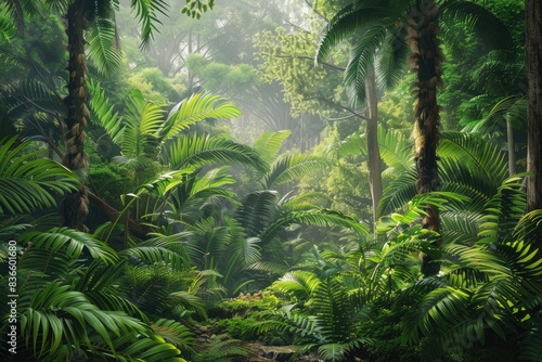Dense tropical greenery with sun rays piercing through the foliage, creating a mystical ambiance