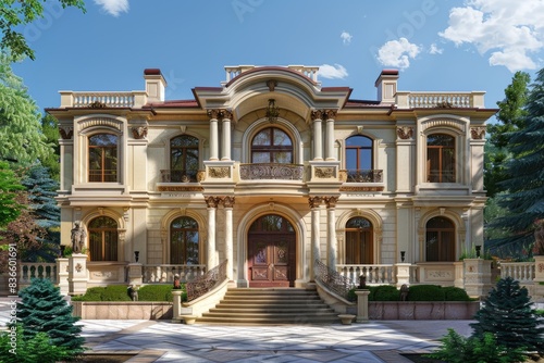 Luxurious mansion exterior with elegant architecture and landscaping