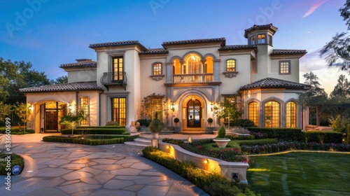 Luxurious mansion exterior with elegant architecture and landscaping