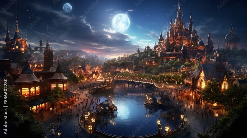Theme park amusement park animation background with Ferris wheel anime style Theme park amusement park animation background with Ferris wheel anime style