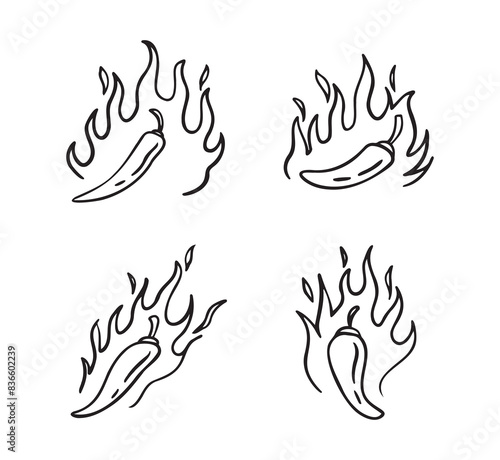 Hand drawn doodle fire hot chili peppers. Outline chile pepper