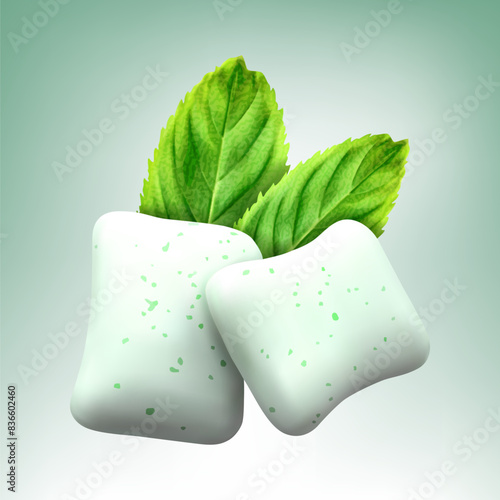 Vector chewing gum and green mint for fresh breath. Realistic vector illustration