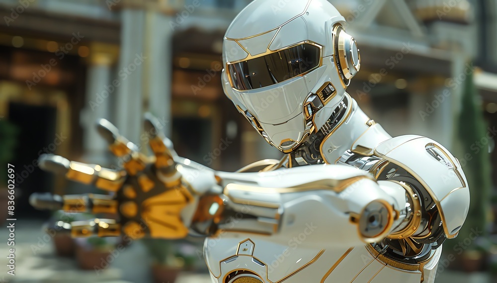 Fototapeta premium A white robotic figure lies prone on a white surface.