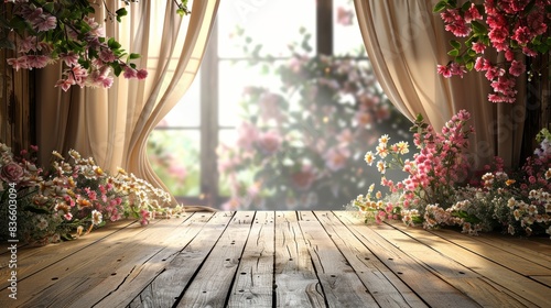 Wooden platform adorned with vibrant flowers and curtains opening to a sunlit garden view, perfect for serene and romantic occasions. © admin_design