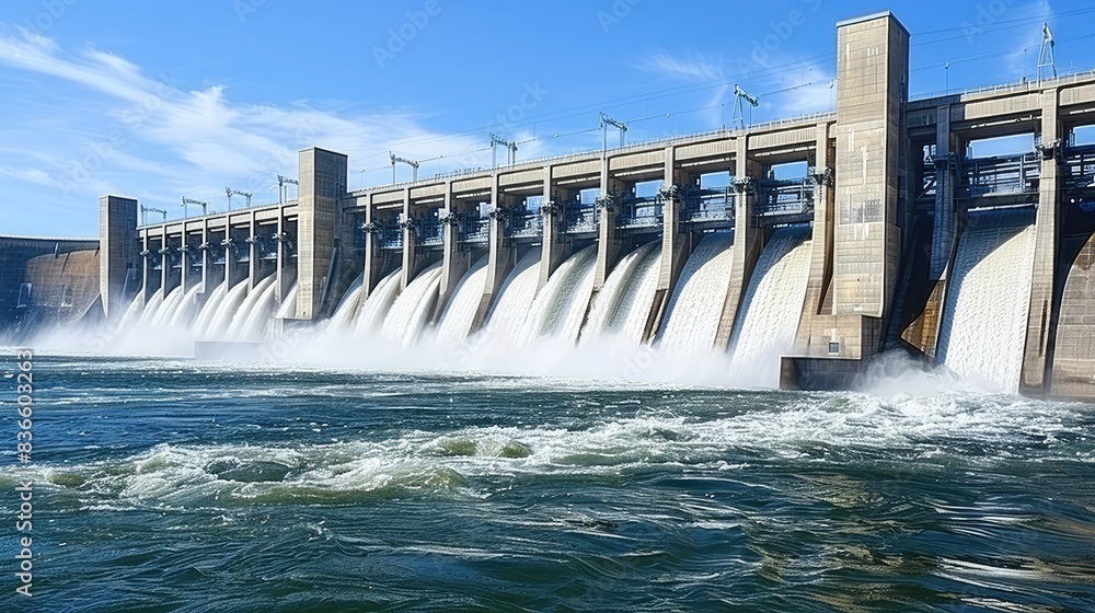 A large dam with water flowing out of it A large dam with water flowing out of it