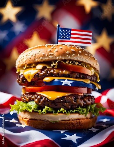 classic american cheeseburger with patriotic flag Celebrating Independence day on 4th July with an American stars and stripes flag in the background, Generative AI