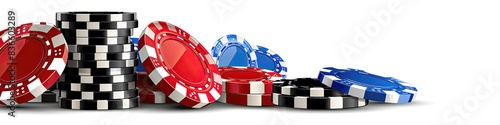 A pile of poker chips with red, blue and black colors