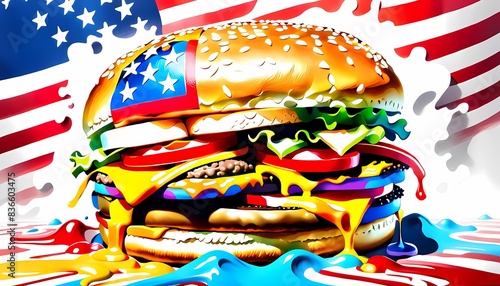 classic american cheeseburger with patriotic flag Celebrating Independence day on 4th July with an American stars and stripes flag in the background, Generative AI