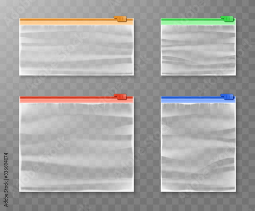 Vector set of various closed empty transparent plastic zipper bag isolated on transparent background.