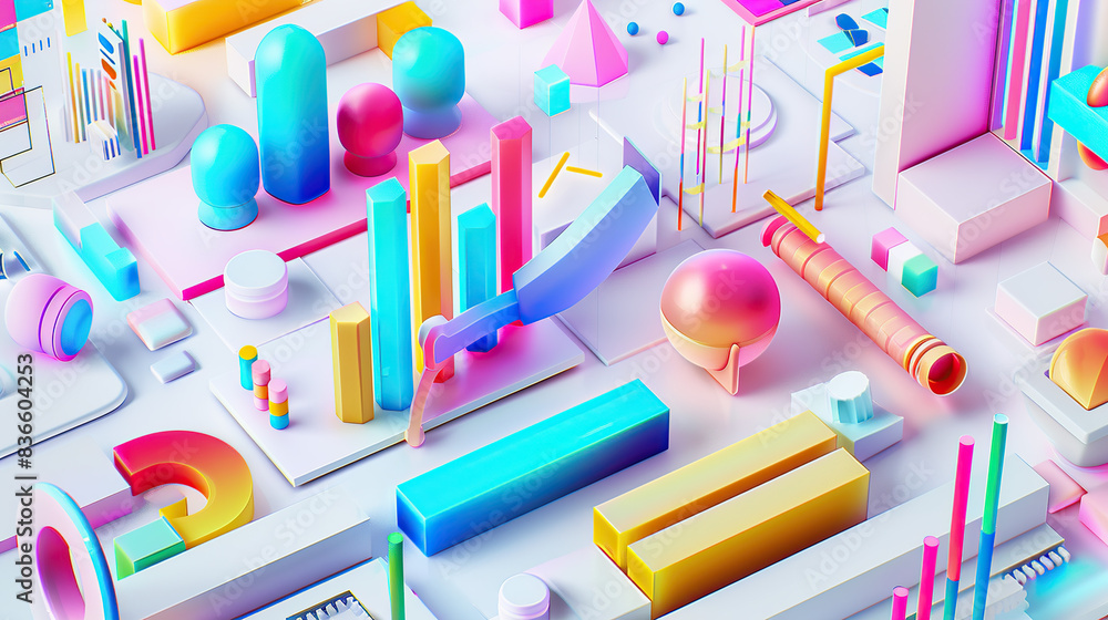 A vibrant and colorful 3D render of graphs, charts, data points, icons and elements for business marketing and social media on a white background A vibrant and colorful 3D render of graphs, charts, data points, icons and elements for business marketing and social media on a white background