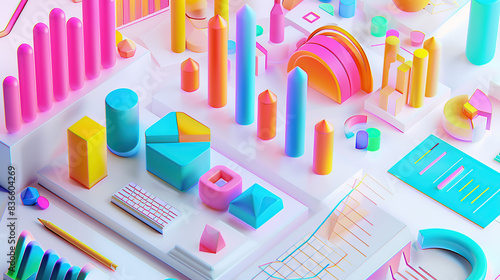 A vibrant and colorful 3D render of graphs, charts, data points, icons and elements for business marketing and social media on a white background