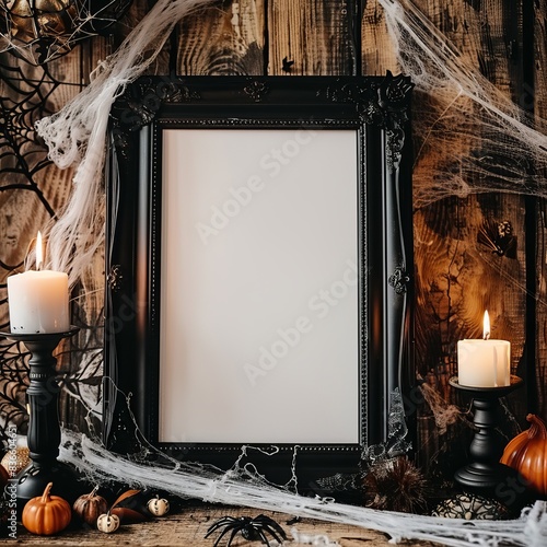 A vintage-inspired Halloween setup featuring an empty picture frame with cobwebs and surrounded by candles photo