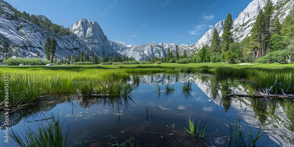 Fototapeta premium Lago de montanha sereno refletindo as árvores circundantes e um céu azul claro