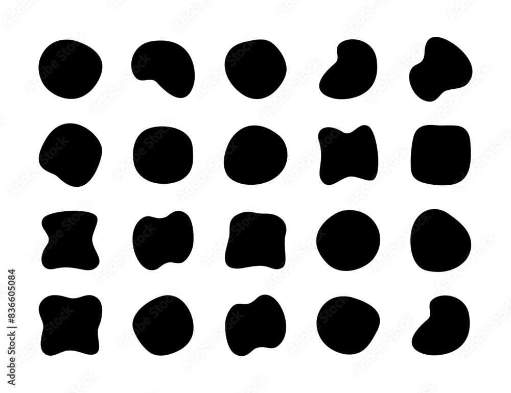 Fototapeta premium Liquid blob shapes, vector organic random forms, black fluid silhouette, simple smooth ink stain. Flat design elements. Vector illustration