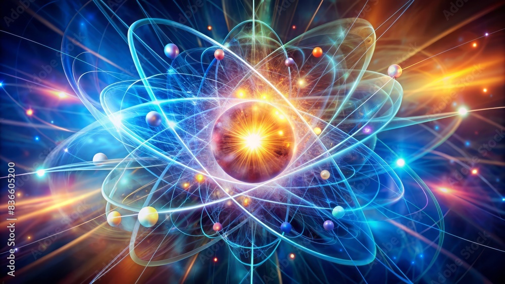 Stunning abstract conceptual illustration of an atom with vibrant electrons and protons rapidly spinning around a central nucleus, evoking cutting-edge artificial intelligence. Stunning abstract conceptual illustration of an atom with vibrant electrons and protons rapidly spinning around a central nucleus, evoking cutting-edge artificial intelligence.