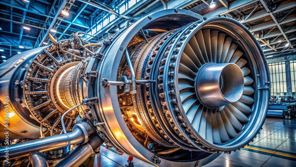 Sleek, high-tech jet engine interior, showcasing complex mechanical ...