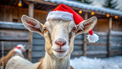 In a snow-covered farmyard, a playful goat dons a bright red santa hat, its curious expression and twinkling eyes radiating festive holiday cheer.