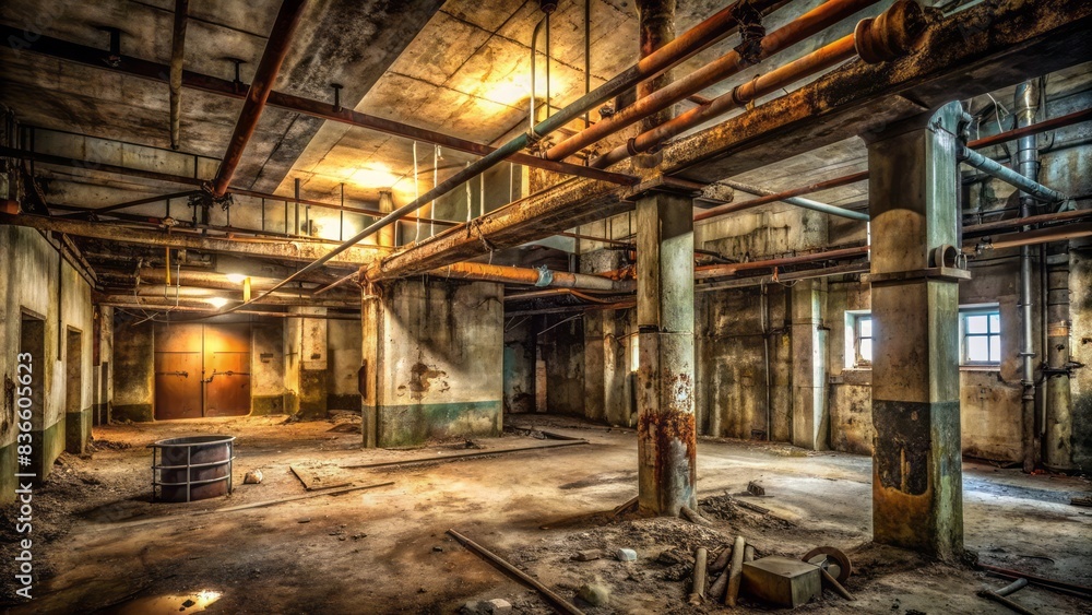 Abandoned concrete room with cracked walls, rusty pipes, and dim lighting, evoking a sense of neglect, decay, and industrial grittiness, devoid of any human presence. Abandoned concrete room with cracked walls, rusty pipes, and dim lighting, evoking a sense of neglect, decay, and industrial grittiness, devoid of any human presence.