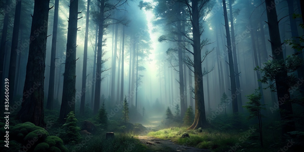 Obraz premium A foggy forest scene with tall trees, a mysterious atmosphere, and soft light breaking through the mist. 