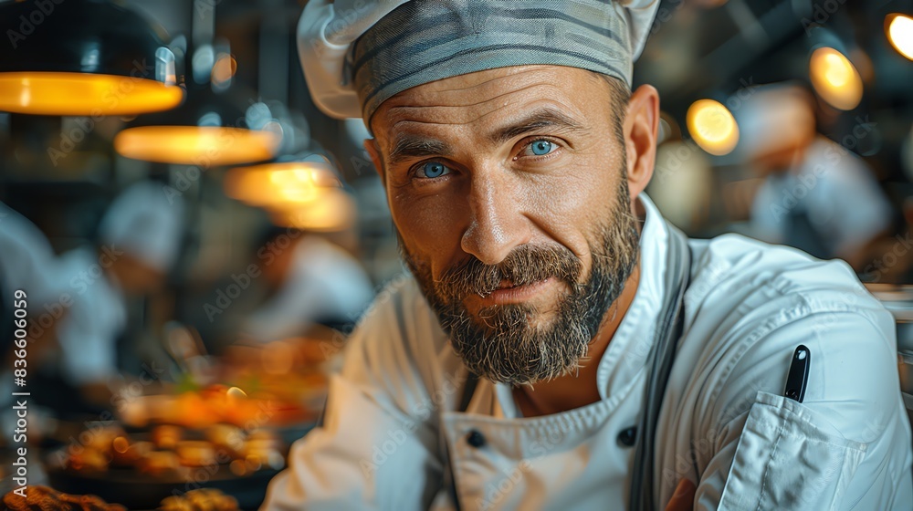 A suspenseful scene unfolds as a chef examines a mysterious dish under dramatic spotlight A suspenseful scene unfolds as a chef examines a mysterious dish under dramatic spotlight