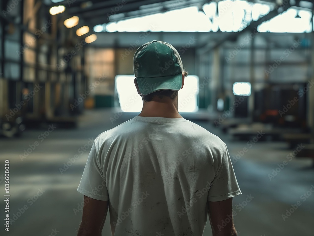 A man in a hat looking at the back of a warehouse. A man in a hat looking at the back of a warehouse.