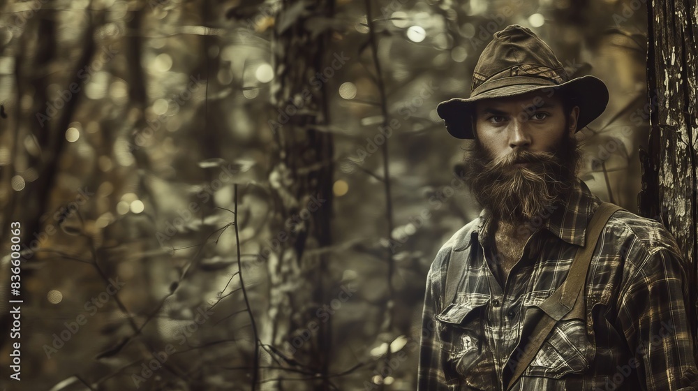 A man with a beard and hat standing in the woods. A man with a beard and hat standing in the woods.