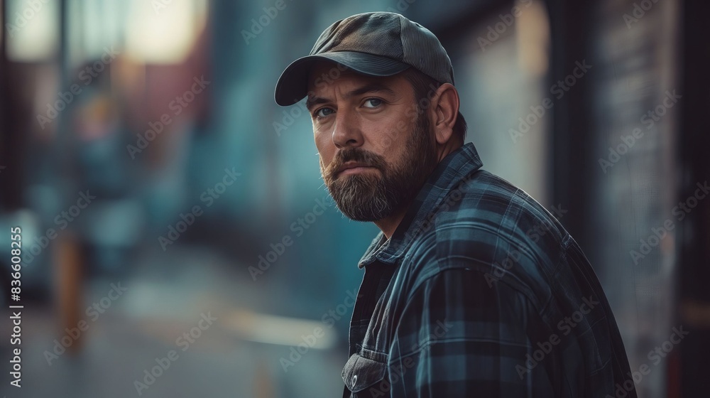 A man with a beard and hat standing in a city. A man with a beard and hat standing in a city.