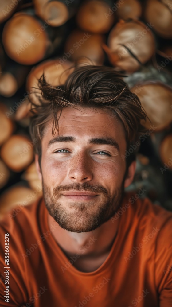 A man in an orange shirt is posing in front of logs. A man in an orange shirt is posing in front of logs.