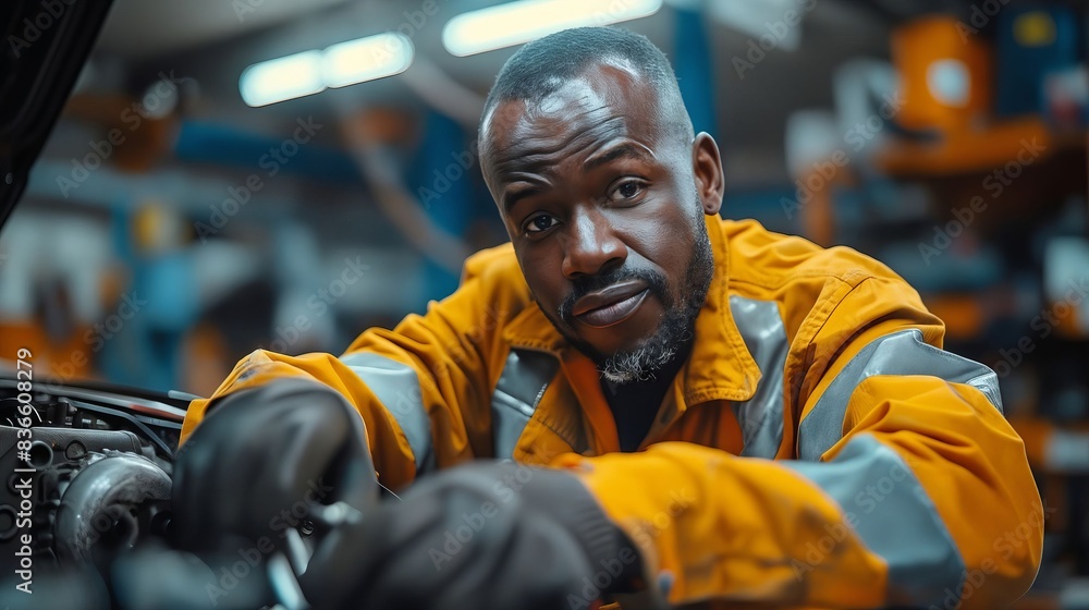 A man in a yellow jacket working on a car. A man in a yellow jacket working on a car.