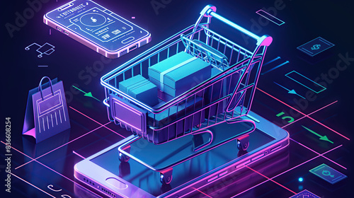 digital illustration visual of a all blue digital construction shopping cart with an iphone and money floating above it  neon purple glow