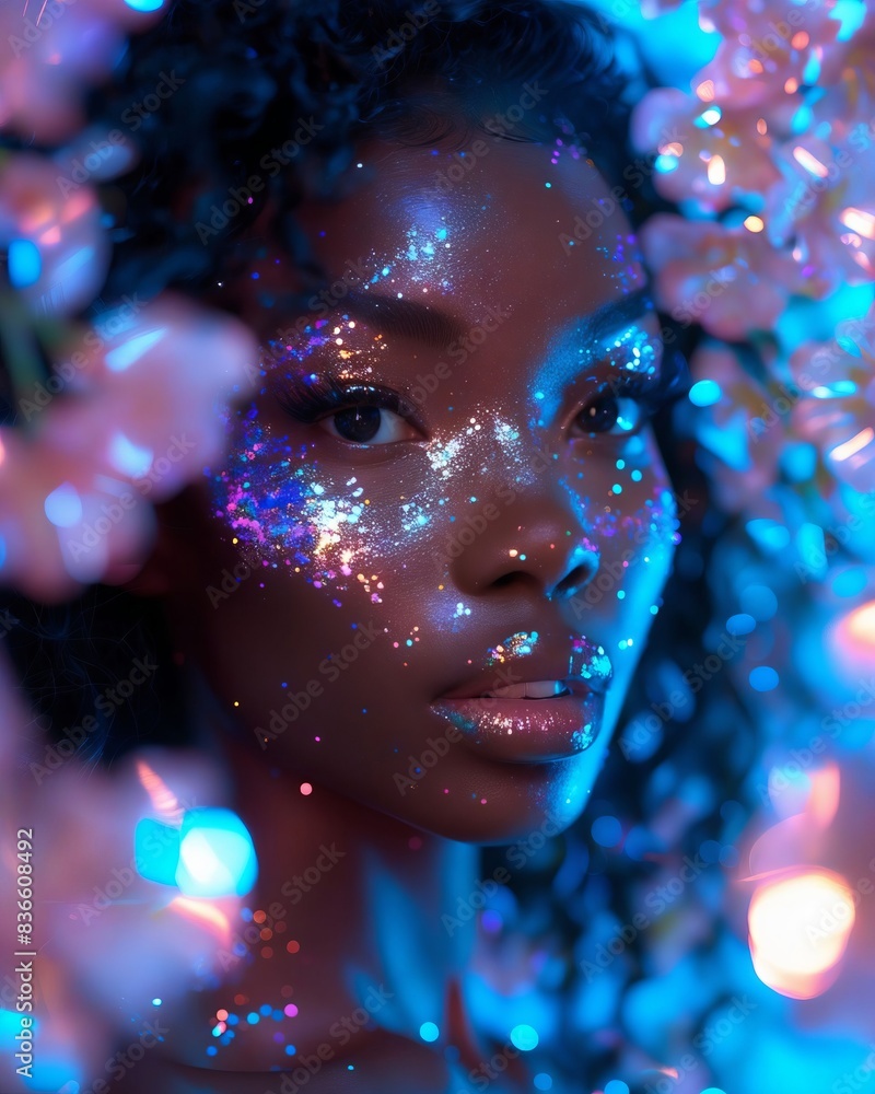 A woman with glitter on her face. A woman with glitter on her face.
