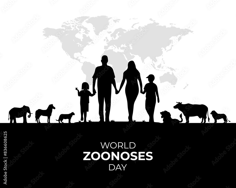 World Zoonoses Day. 6 July. zoonotic diseases transmissible from animals to humans. banner, poster, flat illustration. Jpeg format.
World Zoonoses Day. 6 July. zoonotic diseases transmissible from animals to humans. banner, poster, flat illustration. Jpeg format.