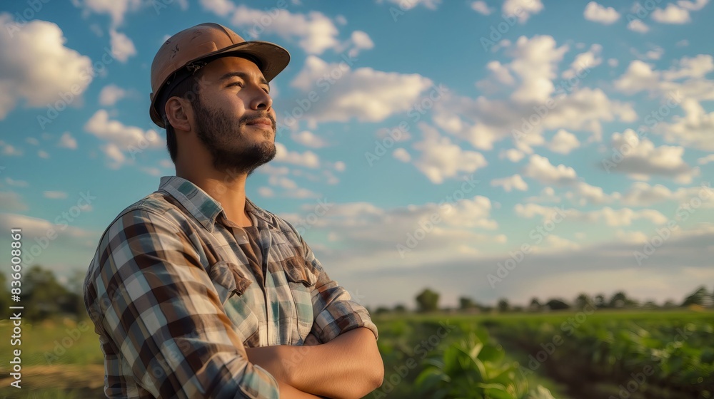 A farmer standing in a field looking up. A farmer standing in a field looking up.