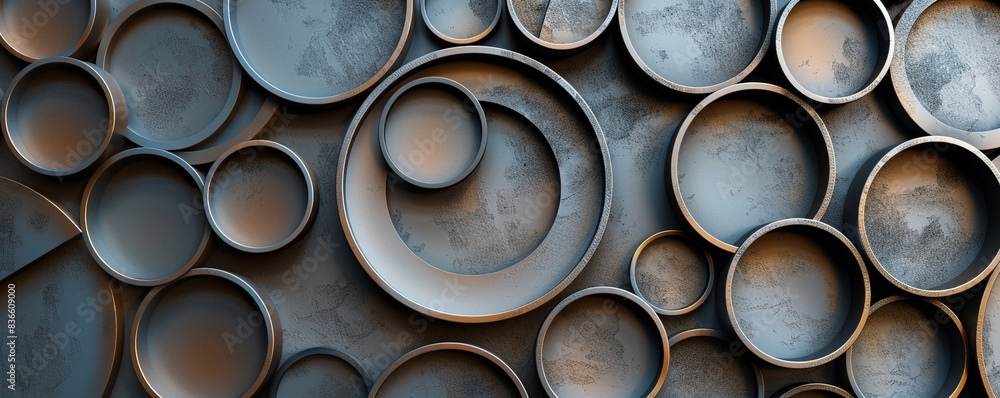 A contemporary 3D wall art piece featuring a series of overlapping metallic circles in various sizes, creating a modern decor element. A contemporary 3D wall art piece featuring a series of overlapping metallic circles in various sizes, creating a modern decor element.