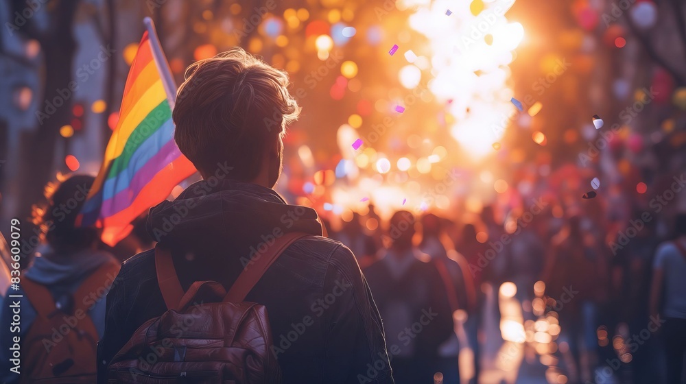 A person with a rainbow flag walking down a street. A person with a rainbow flag walking down a street.